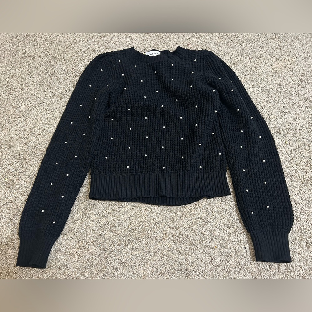 Michael Stars Black Crewneck Sweater Pearl Studs Cotton Nylon Wool Size Small S
